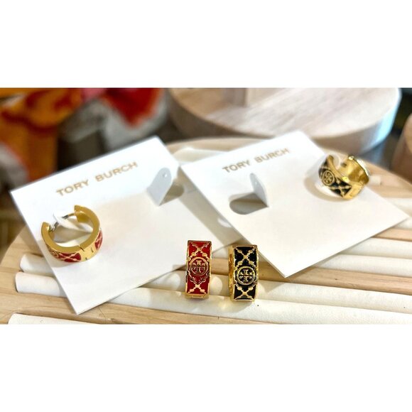 SET OF TWO - Tory Burch Red and Gold and Black and Gold Monogram Huggies - Picture 7 of 8